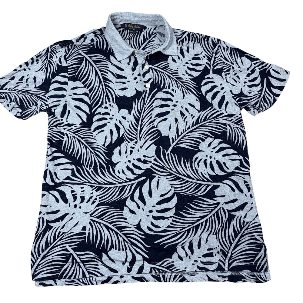 Brooks Brothers XL Polo Shirt Men Blue Tropical Monstera Leaf Cotton Linen Blend